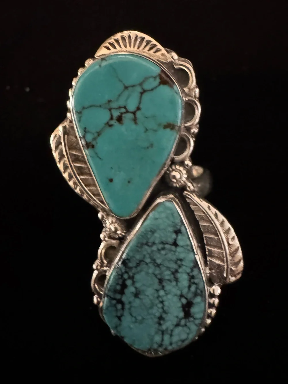 Genuine kingman Turquoise Double Teardrop Statement Ring -‎ sterling Silver
